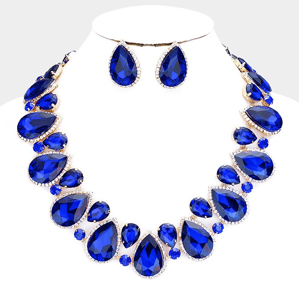 Blue & Gold Crystal Rhinestone Teardrop Collar Evening Necklace Statement